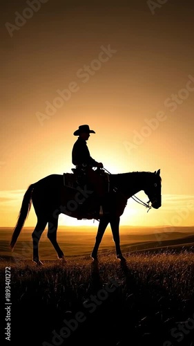 Silhouette of a male cowboy riding a horse on a grassy hill at sunset, lone rider in the western landscape during golden hour