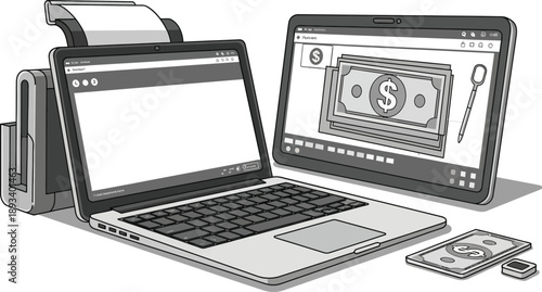 digital financial transactions using laptops and mobile devices in a modern workspace