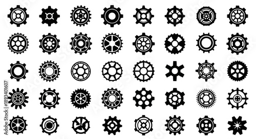 Diverse collection of gear icons representing mechanical processes and engineering elements