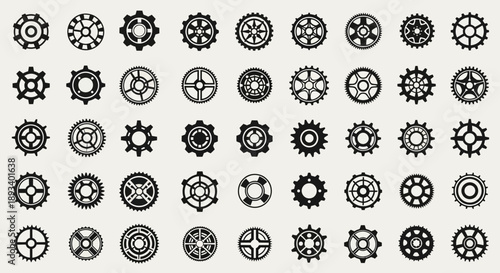 Diverse array of black and white gear icons showcasing intricate mechanical designs and technical