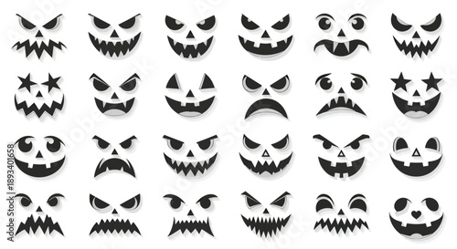 Collection of various spooky and scary jack-o'-lantern face designs for Halloween decorations.