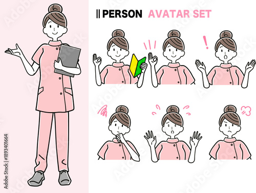 女性看護師のポーズ、表情バリエーションセット