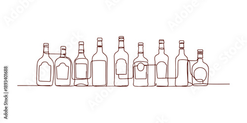 Bottles of various shapes illustrated in a continuous line art style. A minimalist linear sketch of a liquor store, bar, or pub set against a white background. Vector illustration.