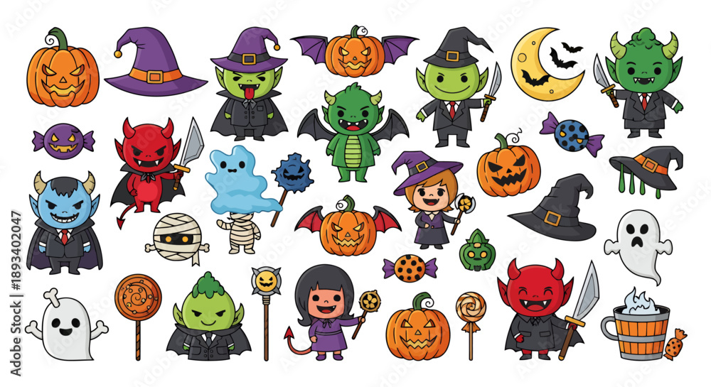 Obraz premium A vibrant collection of Halloween-themed cartoon characters and festive elements.