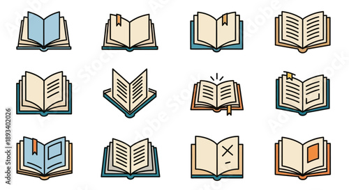 Twelve unique open books illustration style ideal to promote reading and education