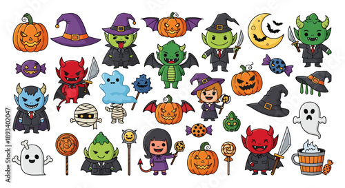 A vibrant collection of Halloween-themed cartoon characters and festive elements.