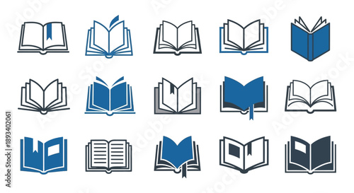 Collection of various book icons representing knowledge, learning, and literature