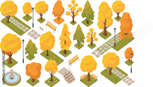 Colorful autumn park with trees benches and pathways isometric