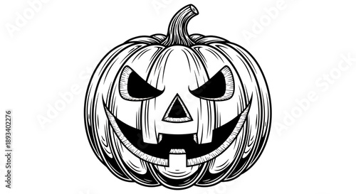 A detailed black and white illustration of a carved Halloween pumpkin with a sinister grin.