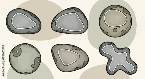 Cartoonish depiction of rock formations in various shapes and grey tones with outlined edges