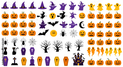 A collection of Halloween-themed illustrations featuring pumpkins, ghosts, and witches.