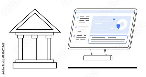 Digital innovation, e-governance, data analysis, finance management, tech advancements, user interface. Pillared government building and computer monitor displaying data. E-governance and data