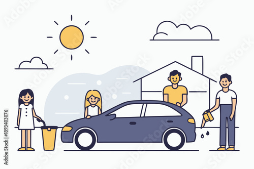 Happy family washing car together at home on a sunny day vector illustration. parents and children teamwork on household chores, outdoor summer activity, clean vehicle, bonding time concept.