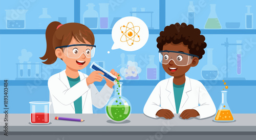 Young scientists in a laboratory, vector illustration showing collaboration and discovery
