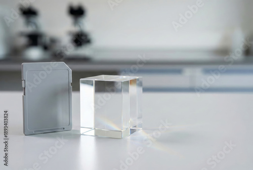 Generic memory card and crystal prism cube on laboratory table with microscopes