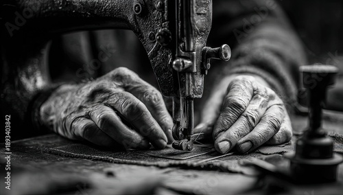 Close-up of weathered hands meticulously operating an antique sewing machine