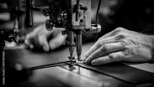 Close up of skilled hands guiding dark material through a vintage sewing machine