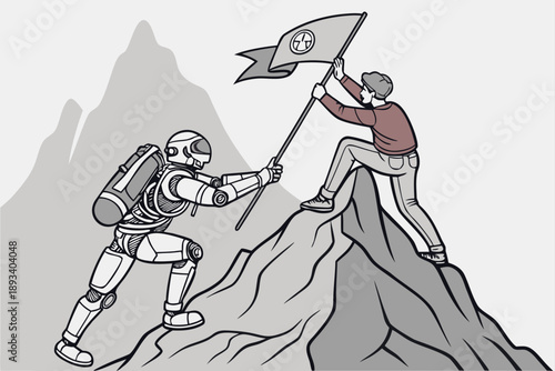 Human and robot team planting flag on mountain peak, symbolizing collaborative innovation, future technology partnership, overcoming challenges, and achieving success. modern vector illustration.