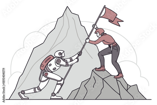 Human and robot partnership climbing mountain peak with flag symbolizing collaborative success, ai innovation, and technological advancement in business goals and teamwork vector illustration