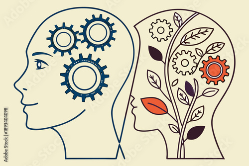 Vector illustration of human heads symbolizing logical, analytical thinking with gears versus creative, organic growth with leaves. concept of innovation, balance, and diverse mental processes.
