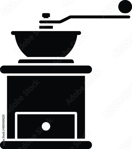 Minimal vector silhouette, vintage manual coffee grinder with bowl and handle, solid black, bold clean shapes, flat design, isolated on a white background.