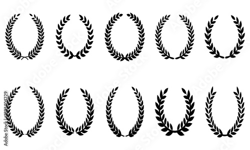 Laurel wreath vector collection, black silhouette design, victory symbol, achievement icon, honor award, classic decorative element, timeless elegance, royalty Laurel wreath