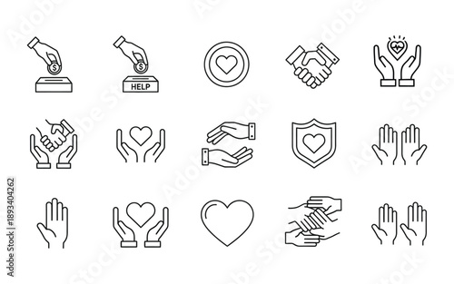 Love and care themed line icons set featuring hearts, charity hands, couple hug, healing bandage, peace dove, awareness ribbon, and emotional support symbols in outline style.