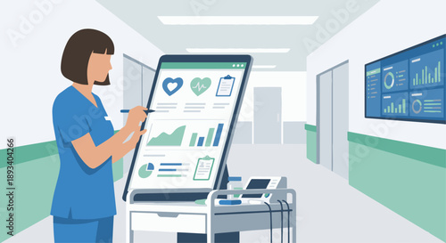Nurse Using Medical Tablet
A flat vector illustration of a nurse using a tablet to record patient data. Charts and health icons visible. Flat vector style, modern healthcare technology.