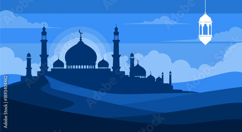 Blue silhouette of a mosque with domes and minarets against a cloudy sky, with rolling hills and a hanging lantern, depicting an Islamic scene.