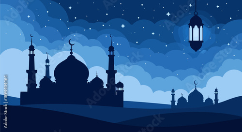 Blue night sky with stars and clouds over a mosque silhouette and a hanging lantern, depicting a serene Islamic scene.