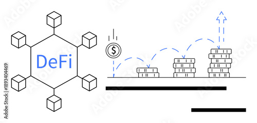 Financial technology, investments, cryptocurrency, decentralized systems, blockchain, financial growth. Blockchain network labeled DeFi with stacks of coins showing value increase. Financial