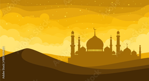 Stylized illustration of a mosque silhouette with minarets and dome in a desert landscape with sand dunes under a warm, starry sky.
