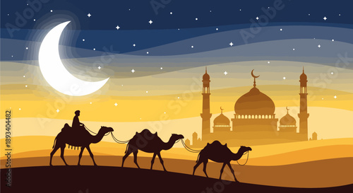Silhouetted camels and riders journeying across a desert landscape at night, with a large crescent moon and a mosque in the background.