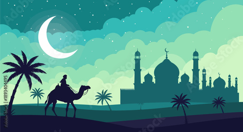 A person riding a camel in a desert landscape at night with palm trees and a mosque silhouette under a crescent moon.