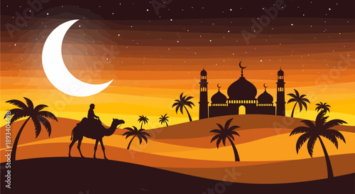 A desert night scene with a person riding a camel, palm trees, a mosque silhouette, and a large crescent moon in an orange sky.