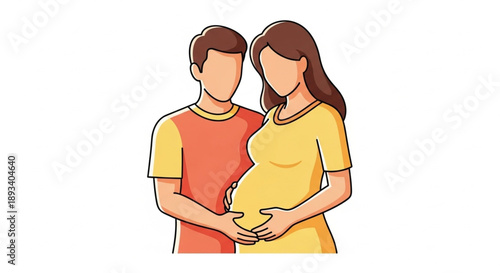 Romantic Illustration of a Loving Husband Supporting His Pregnant Wife by Gently Touching Her Growing Baby Bump Together