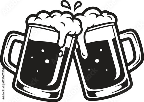 Two beer mugs clinking together with foamy heads