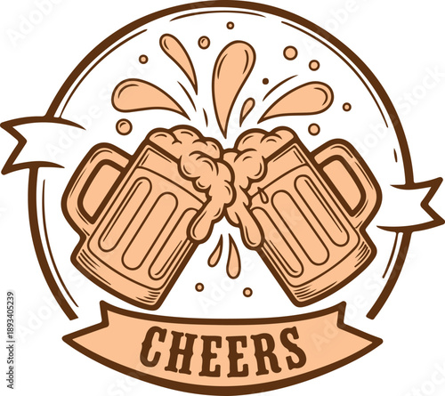 Two mugs of beer clinking together with cheers text