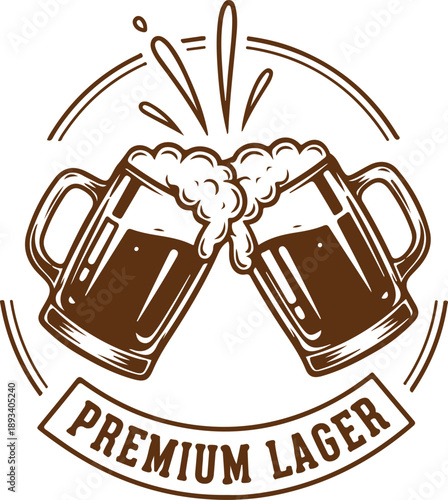 Two beer mugs clinking with foam and "premium lager" text