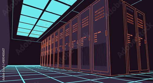 A digital abstract illustration of a server room with multiple computer racks, presented in a neon wireframe vector style against a dark grid background and illuminated ceiling panels