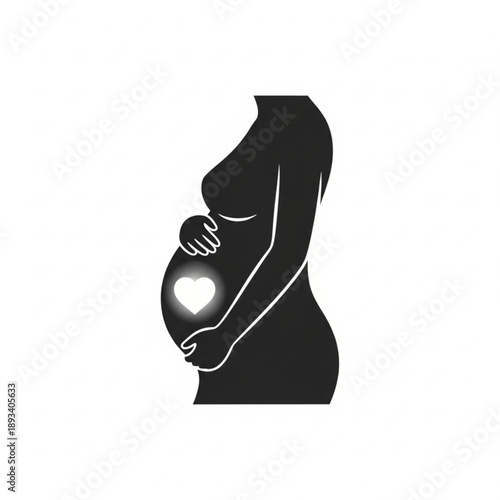 Elegant Black Silhouette Illustration of a Pregnant Woman with a Glowing White Heart Symbol on Her Belly Representing Maternal Love