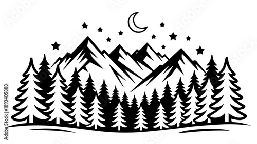 Moonlit Mountains and Pine Forest Silhouette