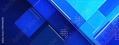 A digital abstract composition features intersecting blue geometric shapes, lines, and patterns