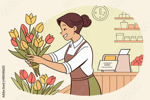 Florist preparing bouquet of tulips in flower shop
