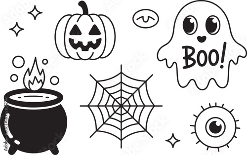 Cute Halloween Icons Set – Pumpkin Ghost Cauldron Spooky Doodles