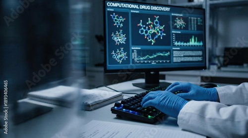 Scientist in Laboratory Performing Computational Drug Discovery Analysis Using Data Visualization Software Tools for Pharmaceutical Research and Molecular Innovation