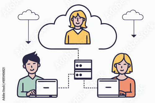 Cloud computing network vector illustration: remote users accessing shared data and online services via secure digital infrastructure and collaborative platforms