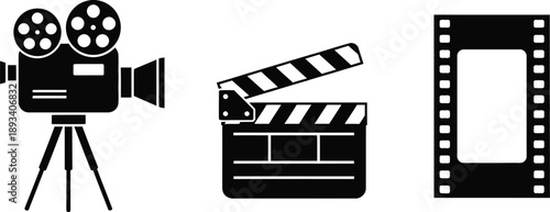 Film and cinema industry clapperboard, a vintage video camera, and a tub of popcorn  symbols for movies, filmmaking, and entertainment. 