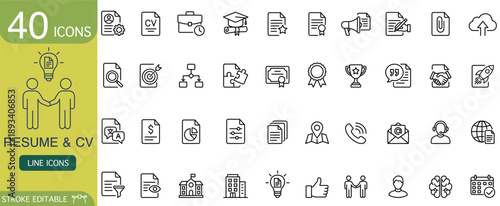 Complete resume and cv icon set for business. Line icons collection for job search, career development, employment, and human resource management. Stroke editable symbols