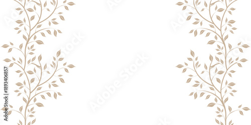 Elegant beige leafy branches forming a botanical frame border. Soft neutral foliage illustration for minimal and luxury design projects. Organic plant decoration background for invitations and banners